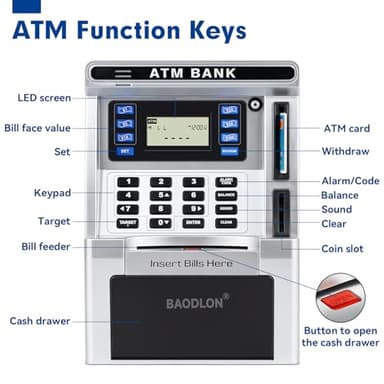BAODLON Piggy Bank for Kids, ATM Machine Bank for Real Money with Debit Card, Bill Feeder, Coin Recognition, Balance Calculator, Electronic Savings Safe Box, Cool Stuff Toys Gifts for Teen Boys Girls - Image 2