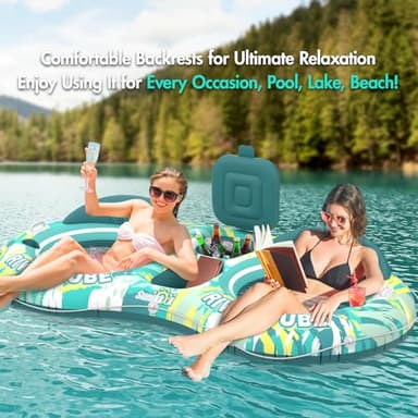 Sunikko X 5-in-1 Pool Floats Adult Heavy Duty River Tube, 2 Person Water Lounge with Backrests, Built-in Cooler, Cup Holders, Deluxe Pool Float for Summer Relaxation - Image 5