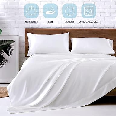 MR&HM Satin Bed Sheets, Queen Size Sheets Set, 4 Pcs Silky Bedding Set with 15 Inches Deep Pocket for Mattress (Queen, White) - Image 6