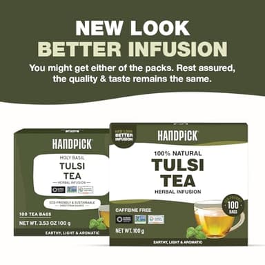 HANDPICK Original Tulsi Tea (100 count) Holy Basil Calming and Stress Relief Tea, Immune Support | Non-GMO, Caffeine-Free Herbal Tea | Ecofriendly Round Tea Bags - Image 2