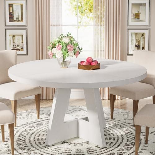 Tribesigns Round Dining Table Wood Kitchen Table for Dining Room, 47 in Dinning Room Tables for 4-6, Circle Dinner Table with Wooden Tabletop and Cross Base for Kitchen, White - Image 1