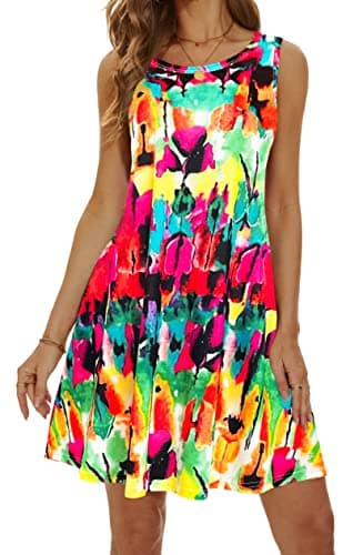 Summer Dresses for Women 2025 Casual Sundresses Beach Cover Ups Sleeveless Tshirt Swing Dress with Pockets 2X-Large Rainbow - Image 4