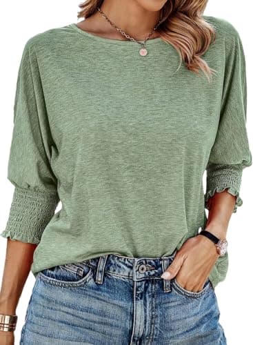 Dokotoo Fall Clothes Fashion Clothing Womens Tops Summer 2025 Women Blouses Outfits Long Sleeve Shirts for Women Trendy Plus Size Women's Tops 3/4 Length Sleeve Dressy Casual Business Tshirts Green - Image 1