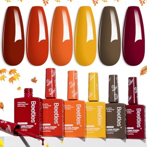 Beetles Orange Gel Nail Polish Set 6 Colors Burgundy Brown Dark Red Yellow Light Orange Fall Gel Polish Kit Soak Off UV LED Hema Free DIY Home Salon Gift for Women Autumn Dusk - Image 1