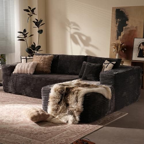 106" Cloud Sectional Couch with Chaise Lounge,L Shaped Modular Modern Sofa,Comfy Corduroy Fluffy Sofa with Deep Seat,No Assembly Required Couch for Living Room(Right,Plush Corduroy,Gray) - Image 1