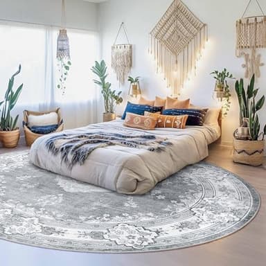 MUJOO Grey Round Rug 9ft,Large Circle Washable Area Rugs for Bedroom Living Room Bathroom,Boho Non Slip Circular Carpet,Floral - Image 3