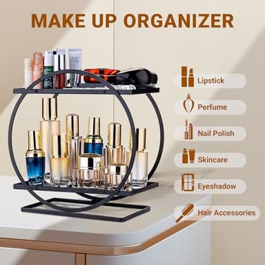 Tonswachic Perfume Organizer for Dresser, 2 Tier Skincare Organizers Makeup Storage, Metal Bathroom Counter Organizer for Make Up Vanity Shelf Perfume Holder Display Tray - Black - Image 2