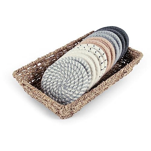 12 Pcs Handmade Woven Coasters for Drinks, Absorbent and Insulating Cotton Coasters with Seagrass Basket Holder set, Boho Perfect for Coffee Table and Home Decor