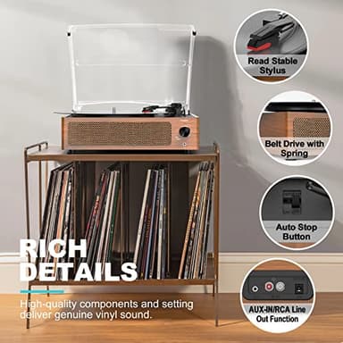 Vinyl Record Player with Speakers Vintage Turntable for Vinyls Records Belt-Driven Turntables 3-Speed Bluetooth Playback Headphone AUX RCA Line LP Vinyls Players for Sound Enjoyment Retro Brown - Image 6