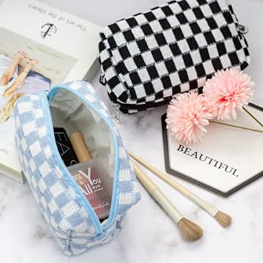 PAZIMIIK Checkered Makeup Bag for Purse Portable Zipper Make Up Pouch Small Cosmetic Case for Travel Accessories (Blue) - Image 2