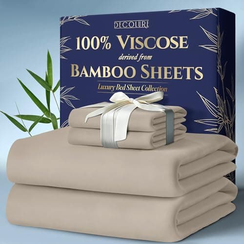 DECOLURE 100% Viscose Derived from Bamboo Sheets Queen Size 4pcs - Ultra Soft & Luxuriously Cooling, 17" Deep Pocket, Double Stitching, Perfect for Hot Sleepers - Queen Bed Sheets (Taupe) - Image 1