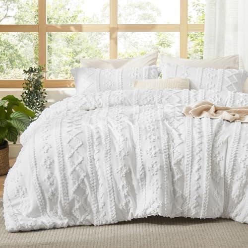 Bedsure Tufted Boho Comforter Set Queen Size - Bright White Boho Bed Set, GentleSoft™ 3 Pieces Farmhouse Shabby Chic Embroidery Bedding, Gifts for Woman, Soft Jacquard Queen Comforter for All Seasons - Image 1