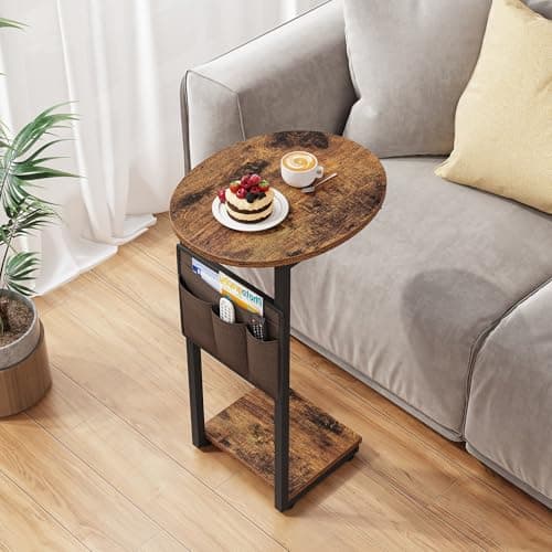 Vagusicc C Shaped End Table for Couch, Side Table Small End Table, Couch Side Table for Small Spaces, Slide Under Sofa TV Tray with Metal Frame for Living Room, Bedroom (Brown) - Image 1