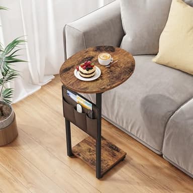 Vagusicc C Shaped End Table for Couch, Side Table Small End Table, Couch Side Table for Small Spaces, Slide Under Sofa TV Tray with Metal Frame for Living Room, Bedroom (Brown) - Image 1
