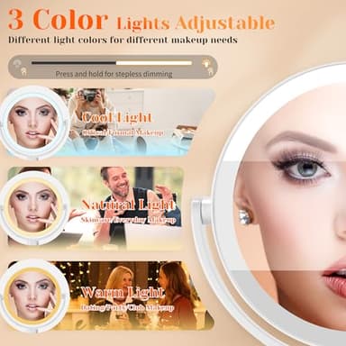 vpu Vanity Makeup Mirror with Lights, 10X/1X Double Sided Magnifying Light up Desk Mirror with Stand Cosmetic Organizer, 3 Color Brightness Adjustable 360° Rotation Detachable for Travel - Image 3