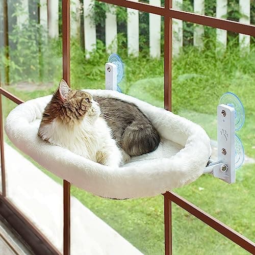 AMOSIJOY Cordless Cat Window Perch, Window Hammock for Cats with 4 Strong Suction Cups, Solid Metal Frame and Soft Cover, Indoor Cat Bed - Image 1