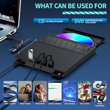 External CD/DVD Drive for Laptop – 7-in-1USB Portable CD/DVD Player Burner, High-Speed External Disk Drive with SD/TF Card Reader, 4 USB 3.0 Ports, Compatible with Windows 11/10, Linux, Mac (7 IN 1) - Image 4