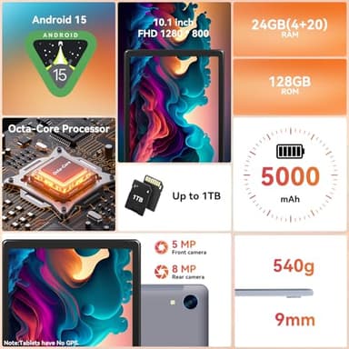 URAO Tablet,10.1" Android Tablet with Octa-core Processor 24GB RAM 128GB ROM HD IPS Touchscreen 8H Battery, Wi-Fi 6, BT 5.0, Dual Camera, Android 15 Tablets 2025 - Image 2