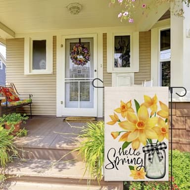 OPULANE Hello Spring Garden Flag Mason Jar Floral Buffalo Plaid Bow 12x18 Inch Double Sided Outside Small Burlap for Seasonal Yard Decoration Flag - Image 3