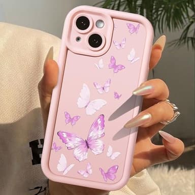 CASBST Compatible with iPhone 13 Case, Creative Flower Pattern Design Girls Women Liquid Silicone Cover, Thicker Frame Shockproof and Scratch-Resistant Soft Case for iPhone 13 - Butterfly Pink - Image 2