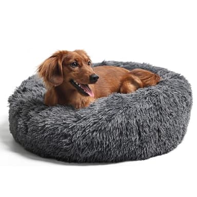 Round Calming Dog Beds for Medium Dogs 30 Inches Anti-Slip Donut Washable Plush Faux Fur Pet Bed fits up to 45 lbs Pets,Dark Gray - Image 1