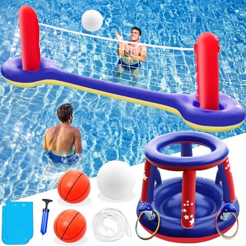 Jasonwell Pool Toys Games Set - 3 in 1 Pool Volleyball Net Basketball Hoop Ring Toss Game Inflatable Floats Water Floating Volleyball Swimming Pools Party Game Accessories Toy Gift Kids Teens Adults - Image 1