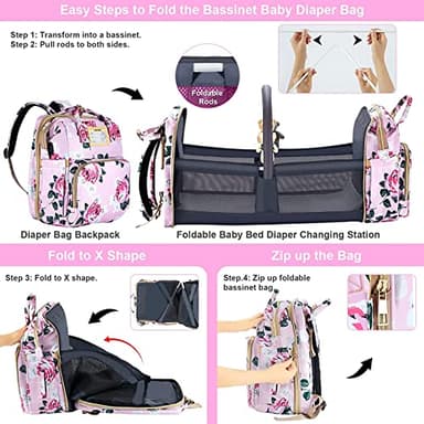 GurZinn Diaper Bag Backpack with Changing Station, Foldable for Bady Toddler, 3 in 1 Large Capacity Newborn Essentials Organizer with Stroller Hook for Girls and Boys(Pink) - Image 4
