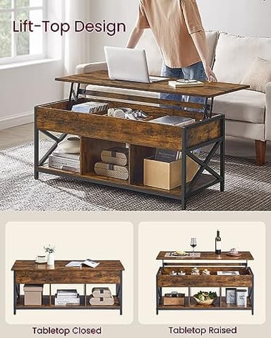 VASAGLE Lift Top Coffee Table, Lift Coffee Table with Storage Shelf, Hidden Compartments and Lifting Top, for Living Room, Office, 19.7 x 47.2 x (19.3-24.4) Inches, Rustic Brown and Black ULCT212B01 - Image 5