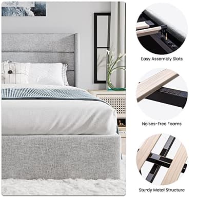 SHA CERLIN Queen Size Lift Up Storage Bed/Modern Wingback Headboard/Upholstered Platform Bed Frame/Hydraulic Storage/No Box Spring Needed/Wood Slats Support/Light Grey - Image 4