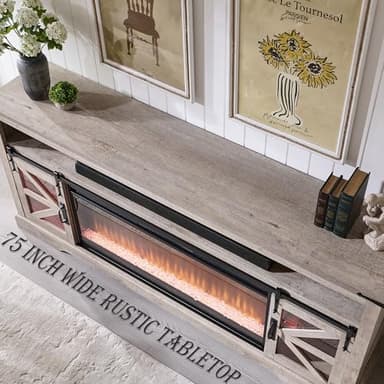 OKD 75" Fireplace TV Stand for 85" TV, 33" Tall Highboy Farmhouse Entertainment Center w/ 42'' Electric Fireplace, LED Light, Rustic Media Console w/Sliding Barn Door for Living Room, Light Rustic Oak - Image 3
