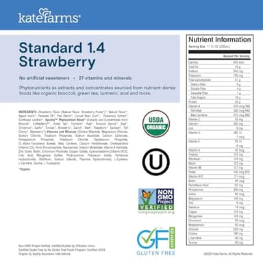 KATE FARMS Organic 1.4 High Calorie Nutrition Shake, Strawberry, 20g Protein, 27 Vitamins and Minerals, Meal Replacement, 11 oz (6 Pack) - Image 6