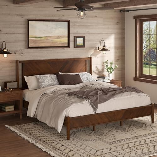 Cozyman Bed Frame King Size and Headboard Wood, Herringbong Pattern, 800 lbs, Non-Slip Without Noise, Walnut - Image 1