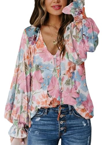 Biucly Womens Casual Floral Print Long Sleeve Boho Blouses Dressy Casual V Neck Button Down Shirt Flowy Cute Spring Tops for Women 2025 Trendy,US 12-14(L),Flower Pink and Blue - Image 1