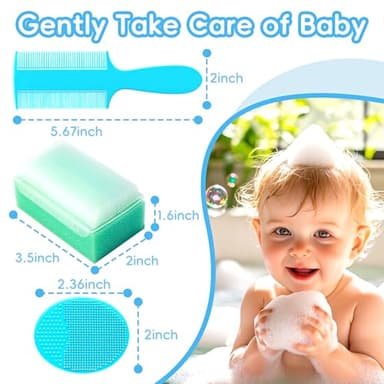 Cradle Cap Brush for Babies, Set of 5 Baby Bath Essentials with Bath Sponge Silicone Scrubber Long Handle Comb for Newborns Toddlers Boys Girls (Green) - Image 2