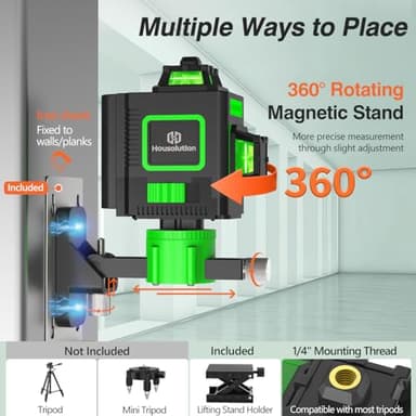 Housolution Laser Level, 3x360° 3D Cross Line Laser for Construction and Picture Hanging, 12 Green Lasers with Self-leveling, 130Ft Level Tool with 10000mAh Battery, Type-C, 4 Adjustable Brightness - Image 5