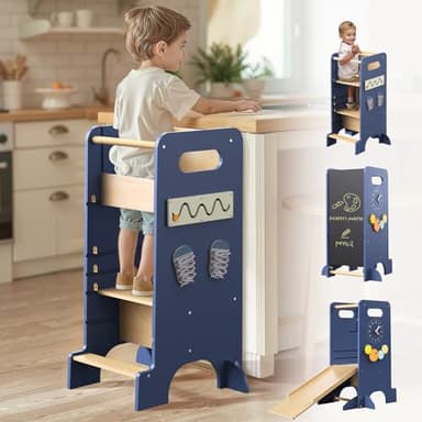 Toddler Tower 4-in-1 Multifunctional Kitchen Step Stool Helper with Removable Safety Board, Adjustable Heights, Slide, Highchair, Chalkboard, Montessori Games-Blue - Image 1