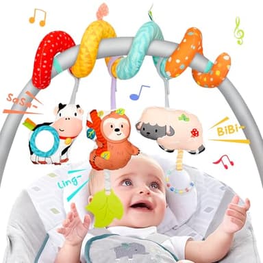 XIXILAND Car Seat Toys for Babies 0-6 Months Boy Girl Carseat Toys Hanging Spiral Stroller Toys, Infant Toys Baby Toys 0-6 Months Newborn Toys 0 3 Months Brain Development with Mirror Teether Rattle - Image 1