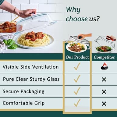 Tall Glass Microwave Splatter Cover for Food - Cookware & Bakeware Serving Dish Cover, Plate Splatter Guard Lid with Easy Grip Silicone Handle Knob - 100% Food Grade BPA Free & Dishwasher Safe - 10in. - Image 5
