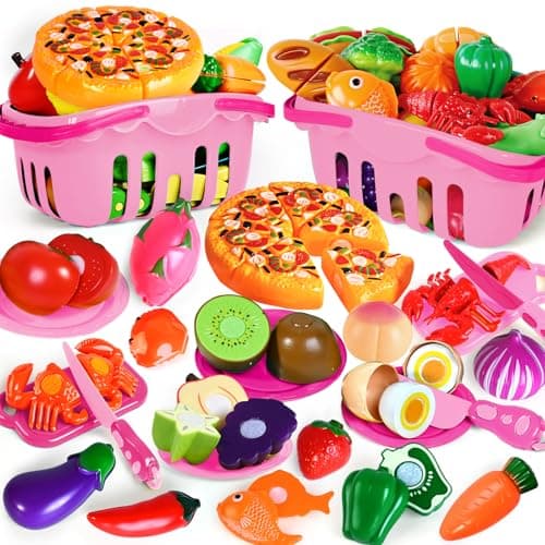100 Pcs Play Food Set for Kids Kitchen, Pretend Food Toy for Toddlers, Play Kitchen Toys Accessories with 2 Baskets, Cutting Fake Food/Fruit/Vegetable, Christmas Birthday Gifts for Boys and Girls - Image 1