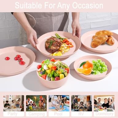 EI 12pcs Pink Wheat Straw Plates,Wheat Straw Dinnerware Set for 4,Plates and Bowls Sets,Plastic Plate Reusable,Unbreakable Plastic Plate Melamine,Camping Family Dishes Set - Image 8