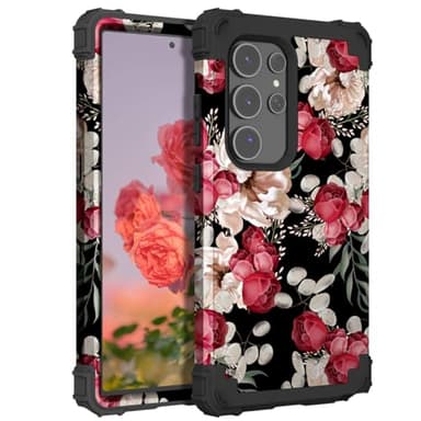 PIXIU Unique Flower Pattern Compatible with Samsung Galaxy S24 Ultra case, Heavy Duty Dual Layer Shockproof Full-Body Protective Sturdy Hybrid Cute Rugged Case for Women,Girls,Kids-Rose Floral - Image 1