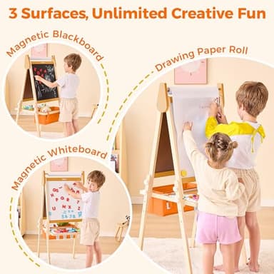 Belleur All-in-One Art Easel for Kids, Adjustable Double Sided Wooden Easel for Toddlers with Magnetic Whiteboard & Chalkboard, Paper Roll, Art Supplies, Child Painting Easel for Kid 2-8 Birthday Gift - Image 3