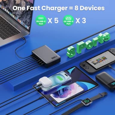 USB C Charger 300W USB C Charger Block, 8-Ports GaN IV Fast Charging Station Hub, Dual PD 100W Laptop Charger Adapter,for MacBook Pro/Air/iPad/iPhone16/15/14/Apple Watch/DELL/Samsung for Home Office - Image 5