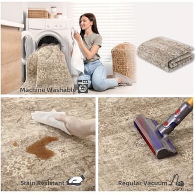 Washable Living Room Area Rugs: 8'x10' Large Rug Stain Resistant Distressed Vintage Boho Rug Non Slip Low Pile Faux Wool Soft Rug for Bedroom Bedside Kitchen Farmhouse Nursery Playroom Dining Room - Image 5