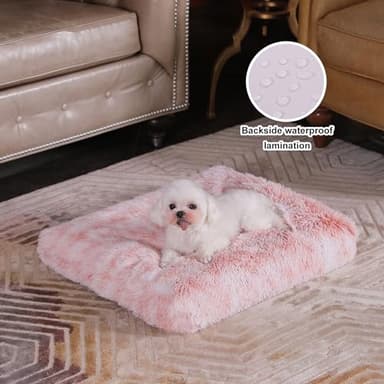Bedfolks Waterproof Dog Crate Bed, Plush With Removable Washable Cover, Faux Fur Pad for Small Dogs and Cats, Fluffy Kennel 21"x13", Pink - Image 2