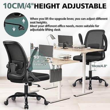 Winrise Office Chair Ergonomic Desk Chairs with Lumbar Support and Flip-up Arms, Comfortable Breathable Mesh Computer Executive Chair with Swivel Task, Adjustable Height 4'', Home - Black - Image 4