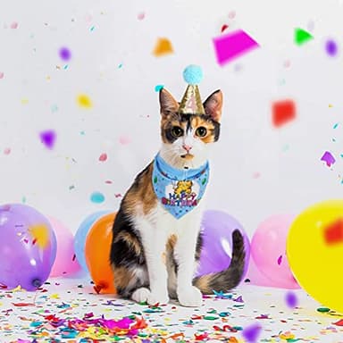 EXPAWLORER Cat Birthday Party Supplies, Cat Birthday Cake Hat & Bandana Scarfs Set, Cute Triangle Scarf with Party Hat and Flag Decorations for Kittens, Small Animals Blue - Image 8