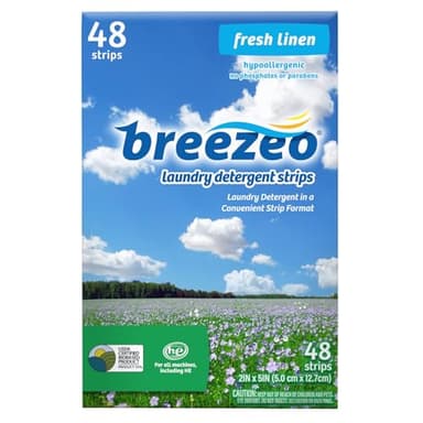 Breezeo Laundry Detergent Strips (48 strips) - Fresh Linen Scent - More Convenient than Pods, Pacs, Liquids or Powders – Great for Home, Dorm, Travel, Camping & Hand-Washing - Image 1