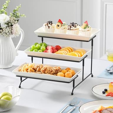 MALACASA 3 Tier Serving Trays for Party, Porcelain Serving Platters and Trays, 12 Inch Tiered Tray Stand, Fruit Tray, Trays for Serving Food, White Dessert Stand with Collapsible Sturdier Metal Rack - Image 8