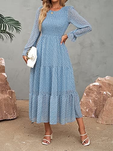 BTFBM Women Casual Long Sleeve Crew Neck Fall Dress Bohemian Relaxed Fit Floral Flowy Maxi Dresses Tiered Cocktail Dress(Floral Blue White,XX-Large) - Image 2